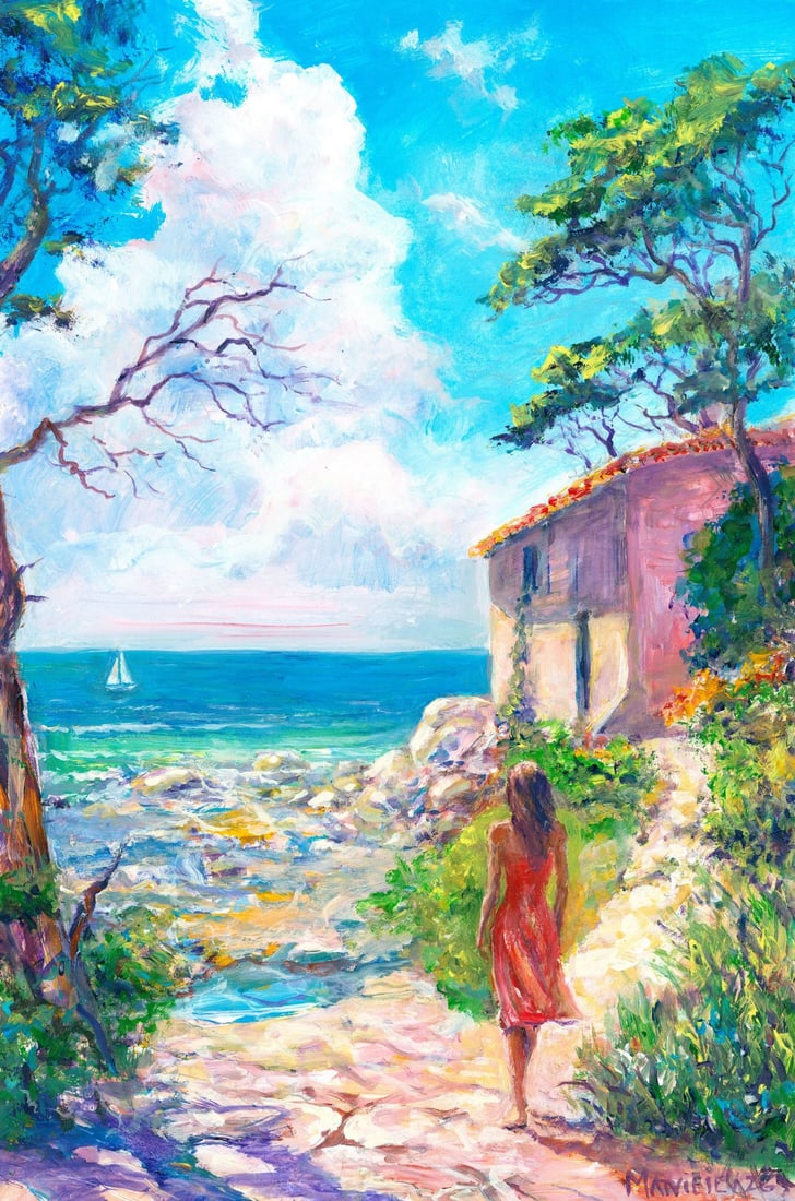 Andriy Matveiev (Ukraine,b 1988) oil painting: ARTIST: Andriy Matveiev (Ukrainian, born 1988) TITLE: Coastal Landscape with Woman MEDIUM: oil on heavy paper CONDITION: Very good. No visible inpaint under UV light.
