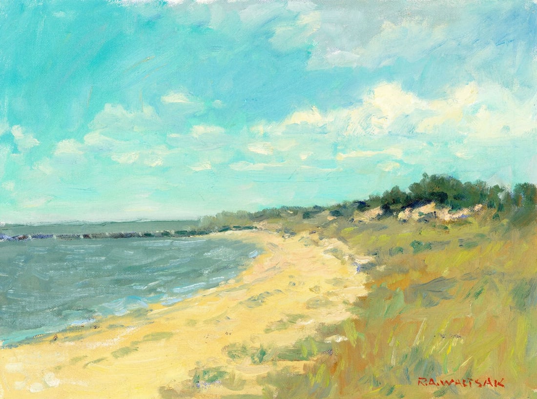 Robert Waltsak (NJ,b 1944) oil painting: ARTIST: Robert Alan Waltsak (New Jersey, born 1944) TITLE: Coastal Landscape MEDIUM: oil on canvas. Canvas applied to board. CONDITION: Very good. No visible inpaint under U