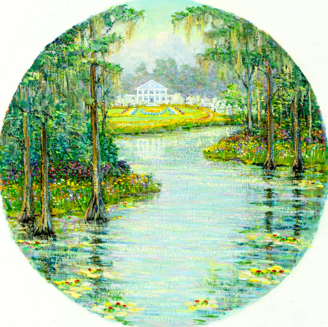 George Bleich (CA,20C) oil painting: ARTIST: George J Bleich (California, 20 century) TITLE: River Landscape with Mansion YEAR: 1984 MEDIUM: oil on board CONDITION: Overall good. No visible