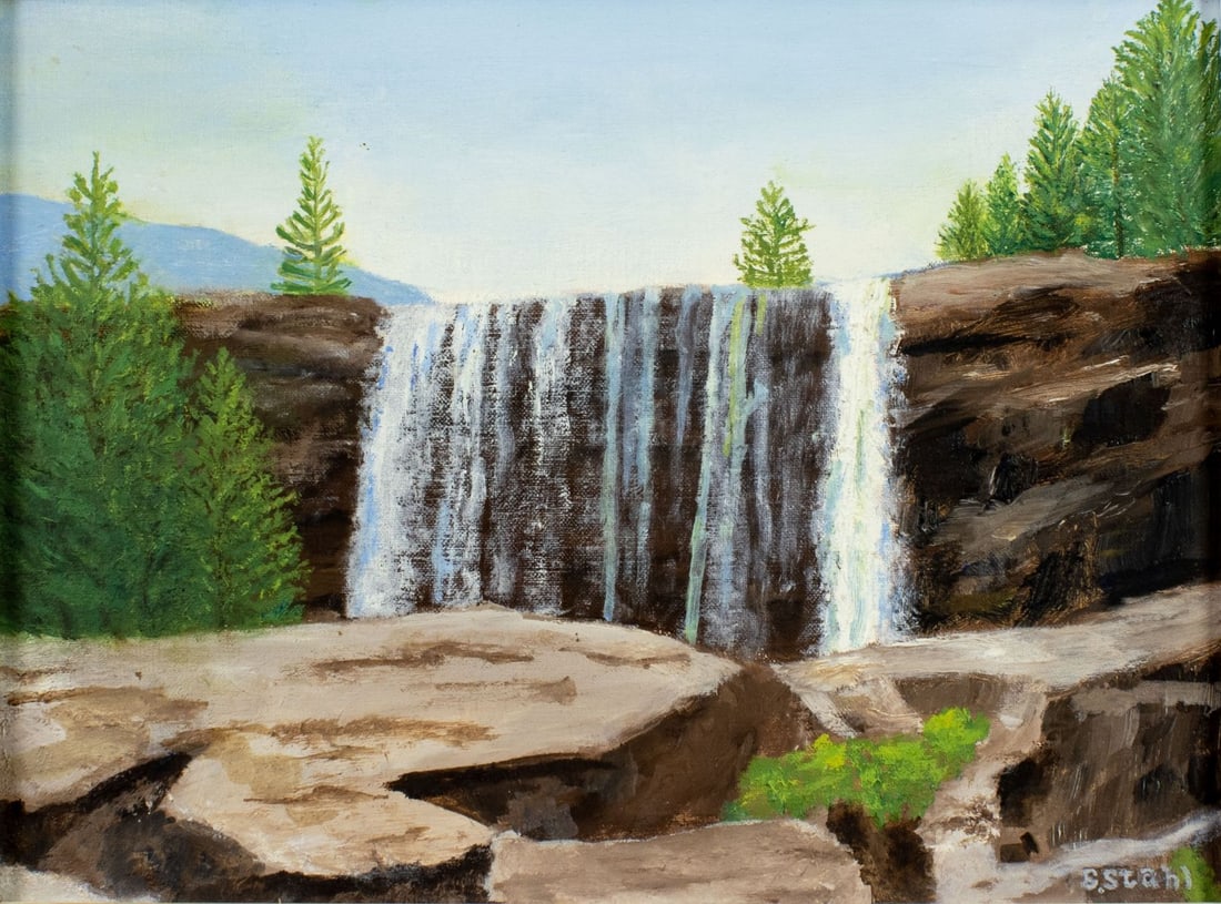 Stanley Stahl (US,mid 20C) oil painting: ARTIST: Stanley Stahl (American, mid 20 century) TITLE: Muddy Creek Falls, Oakland, MD (titled on verso) YEAR: 1968 MEDIUM: oil on canvas board CONDITION: