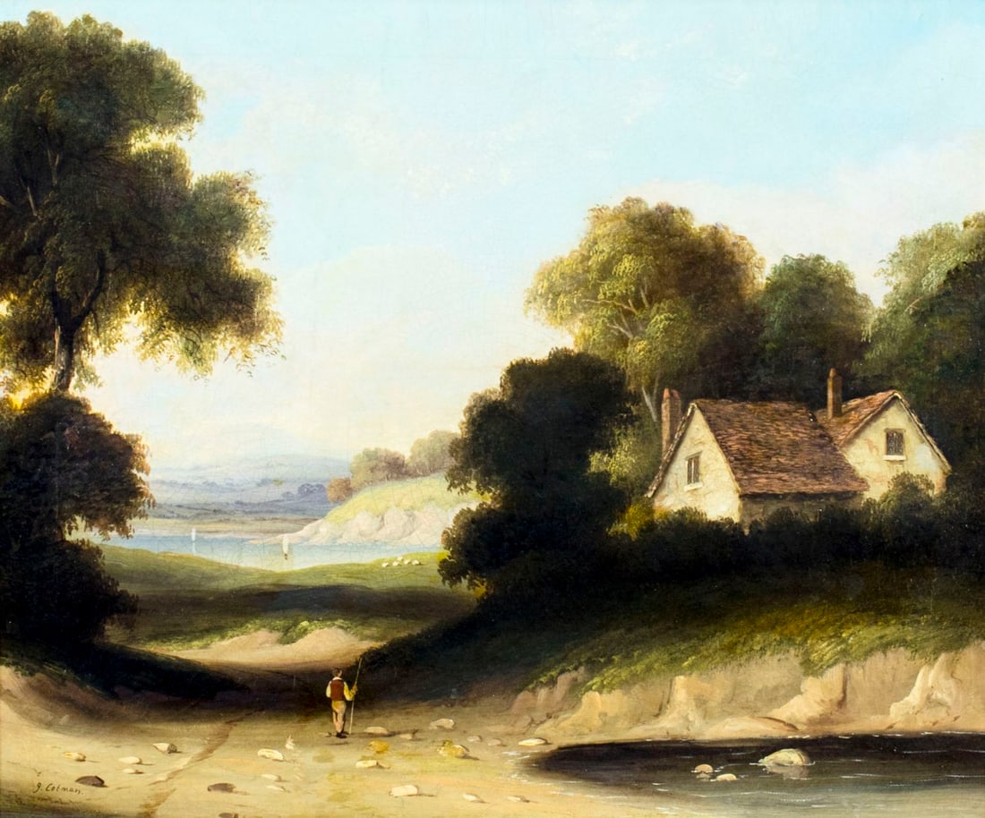 John Joseph Cotman (UK,1814-1878) oil painting antique: ARTIST: John Joseph Cotman (British, 1814 - 1878) NAME: Landscape - Path to the River MEDIUM: oil on canvas CONDITION: Relined. Some repaired tears. Some craquelure. Some scattered inpaintin