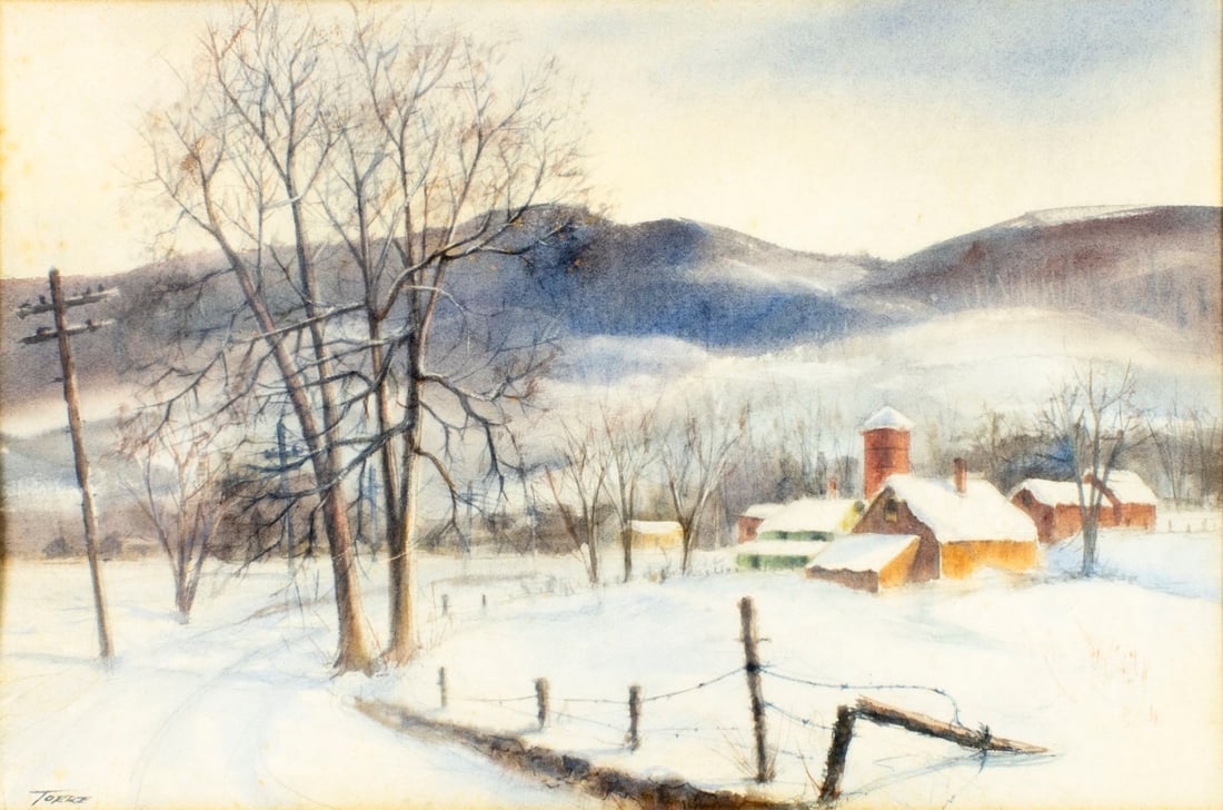 Joseph A Torre (%LOCATION%,%LIFESPAN%) watercolor painting antique: ARTIST: Joseph A Torre (New Jersey, mid 20 century) TITLE: Winter Village Landscape MEDIUM: watercolor on paper CONDITION: Some foxing. Some age toning. Framed under glass.