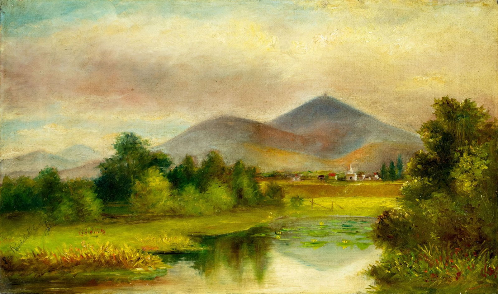 Etta Randall McCarthy (US,early 20C) oil painting antique: ARTIST: Etta Randall McCarthy (American, early 20 century) TITLE: Sunset Hilly Landscape YEAR: 1906 MEDIUM: oil on canvas CONDITION: Minor craquelure. So
