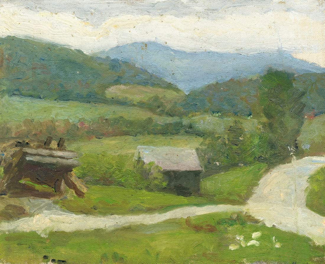 Helen DuMond (NY,CA,OR,1872-1968) oil painting: ARTIST: Helen Savier DuMond (New York, California, Oregon, 1872 - 1968) TITLE: Countryside Landscape MEDIUM: oil on canvas board CONDITION: Some scratches/paint losses. No