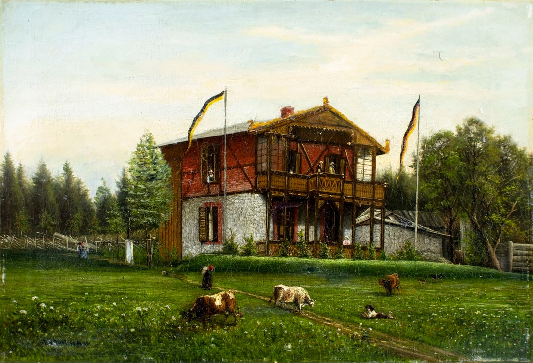Antique 19C German oil painting signed: ARTIST: - (Germany, 19 century) TITLE: Countryside Landscape with Cottage MEDIUM: oil on canvas CONDITION: Some small paint losses. Some craquelure. Some scattered inpain