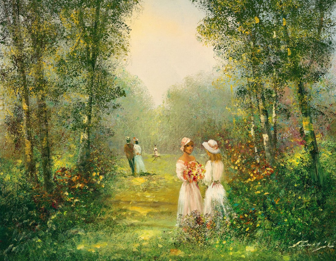 Rahnavardkar Madjid (Germany,Iran,1943-?) oil painting: ARTIST: Rahnavardkar Madjid (German, Iranian, 1943 - ???) TITLE: Park Landscape MEDIUM: oil on canvas CONDITION: Unstretched (In-House stretching available). Very good. No