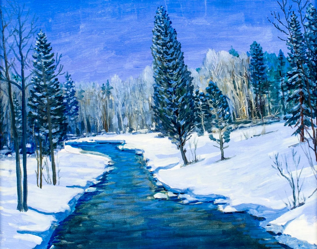Wallis (German,20C) oil painting: ARTIST: Wallis (Germany, 20 century) TITLE: Winter Stream Landscape YEAR: 1971 MEDIUM: oil on canvas board CONDITION: Very good. No visible inpaint under