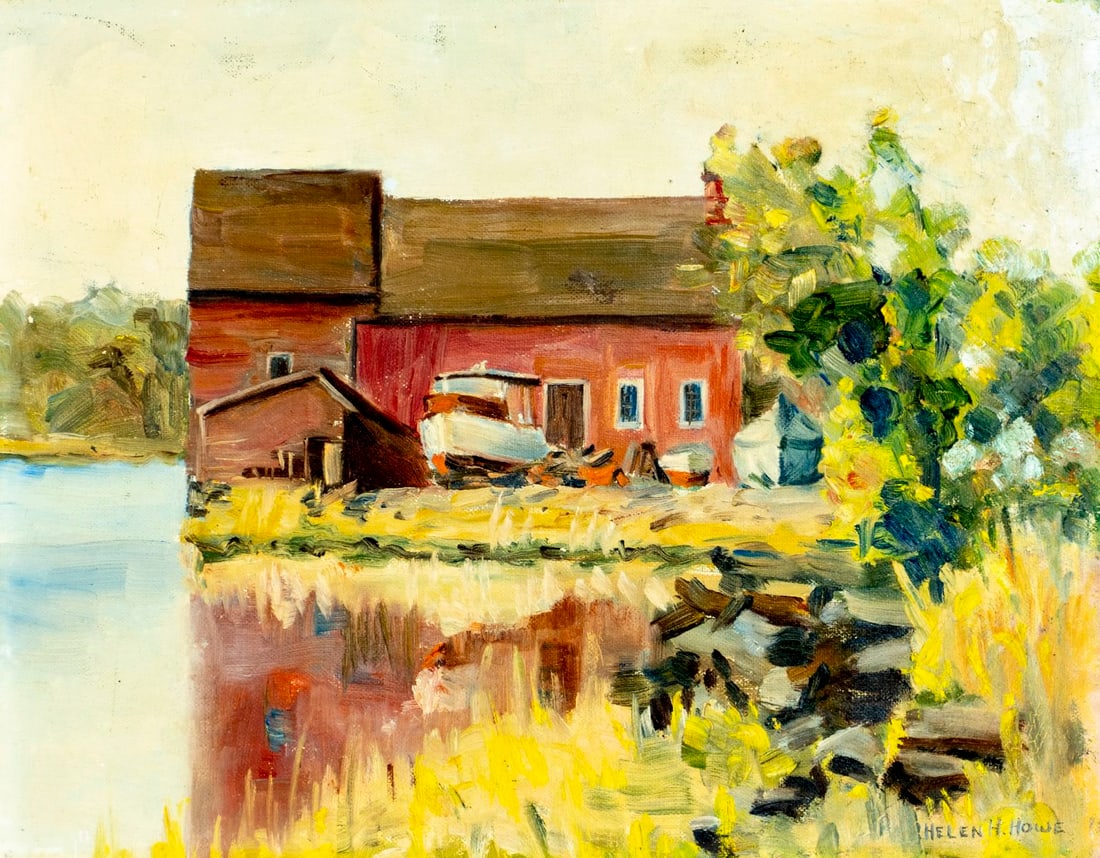 Helen H Howe (US,mid 20C) oil painting: ARTIST: Helen H Howe (American, mid 20 century) TITLE: Coastal Landscape with House MEDIUM: oil on canvas board CONDITION: Some scratches. Very minor craquelure. No visible