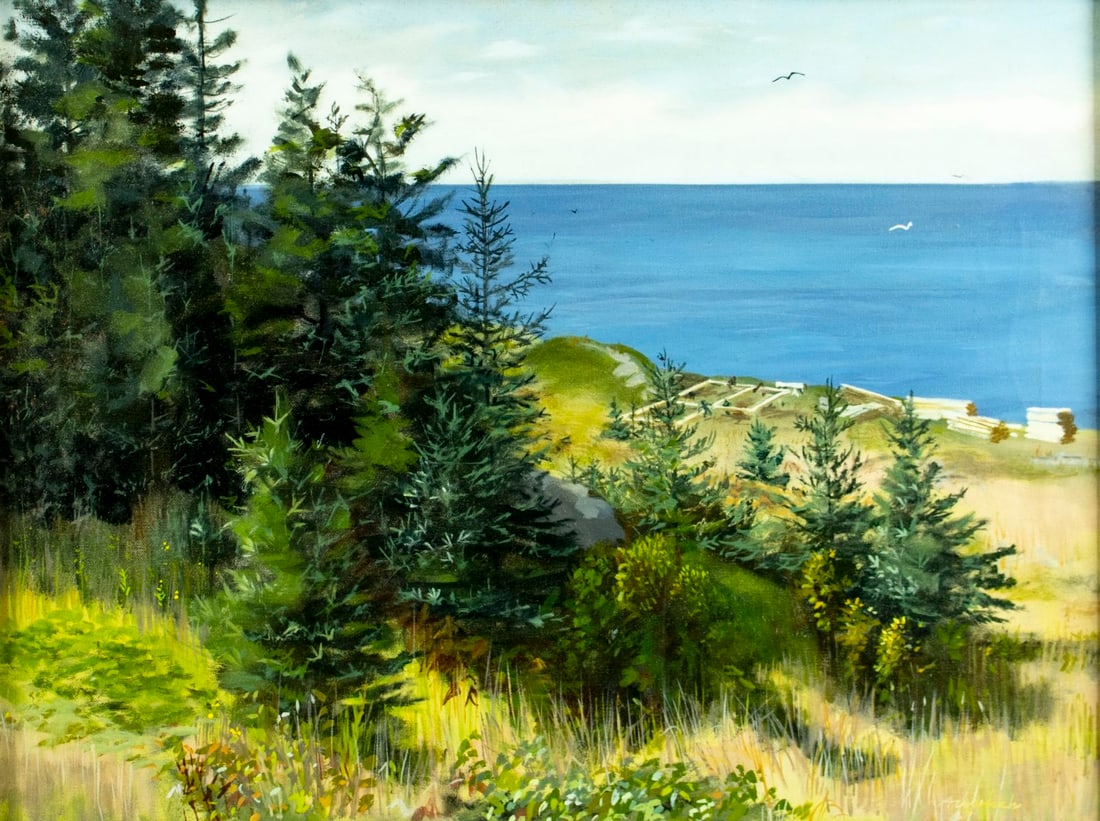 Robert Angeloch (NY,1922-2011) oil painting: ARTIST: Robert Henry Angeloch (New York, 1922 - 2011) TITLE: Coatsal Landscape - Building Mostels House (titled on label) MEDIUM: oil on canvas CONDITION: One pinhole punc