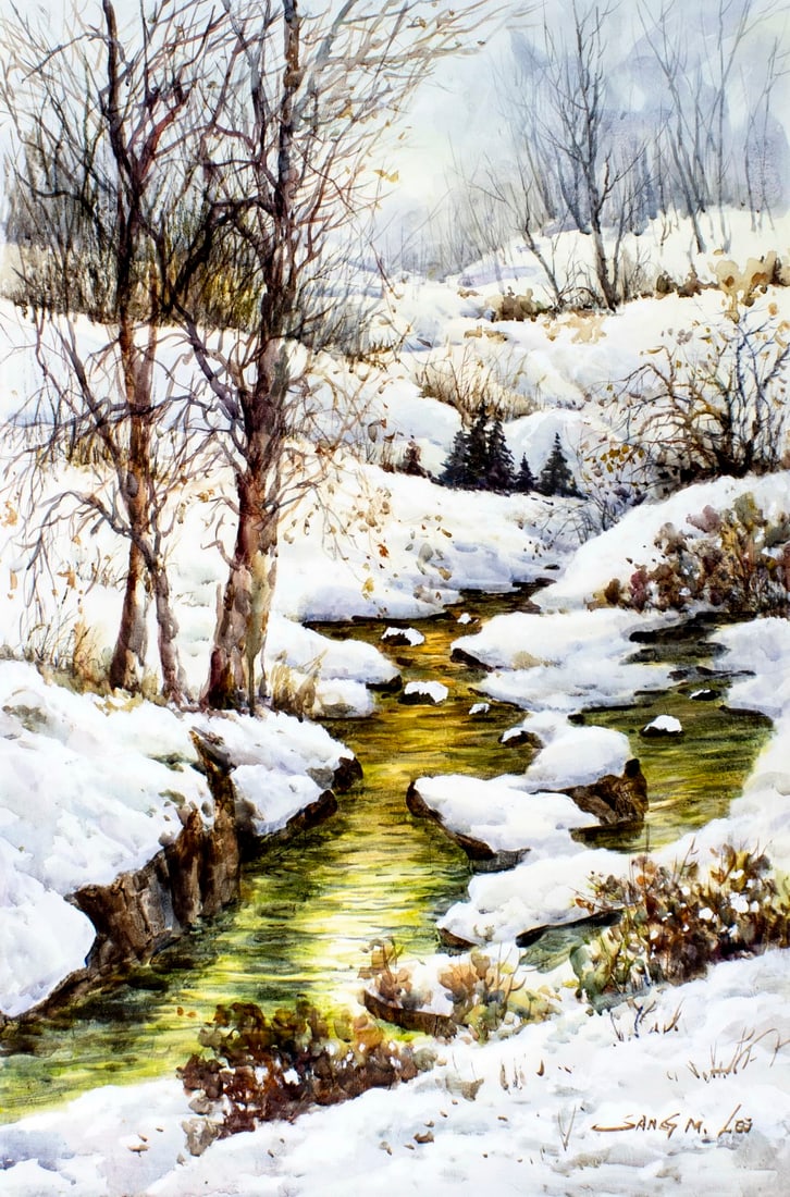 Sang M Lee (South Korea,US,1949-?) oil painting: ARTIST: Sang M Lee (South Korean, American, 1949 - ???) TITLE: Winter Forest Stream Landscape MEDIUM: oil on canvas CONDITION: Unstretched (In-House stretching available)