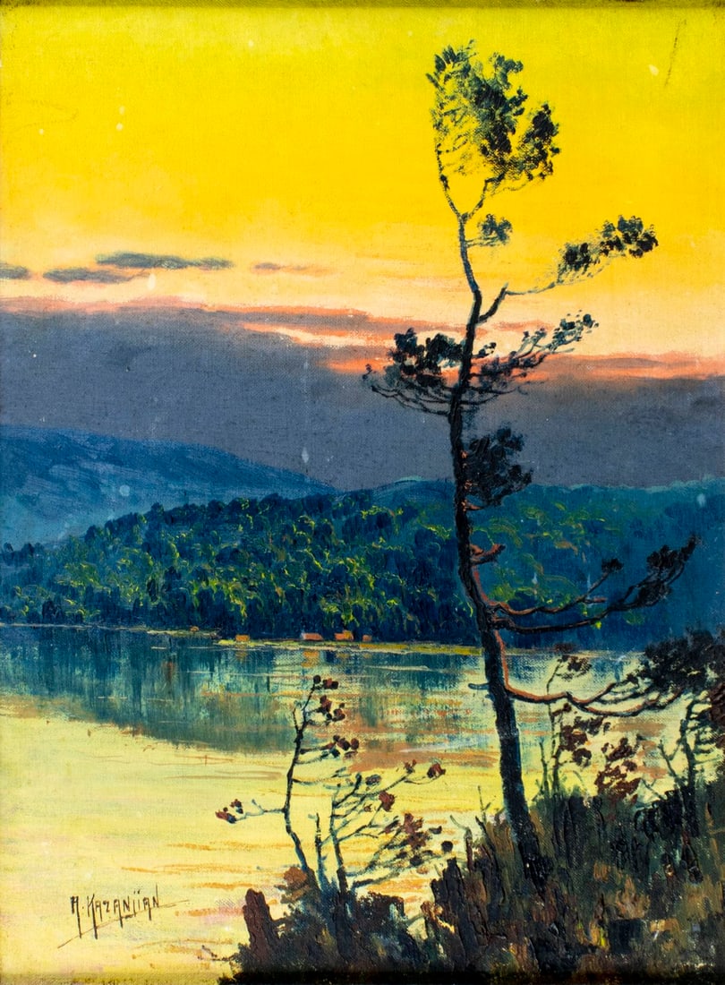 A Kazanjian (US,20C) oil painting: ARTIST: A Kazanjian (American, 20 century) TITLE: Sunset River Landscape MEDIUM: oil on canvas board CONDITION: Some small scratches/paint losses. No visible inpaint under U