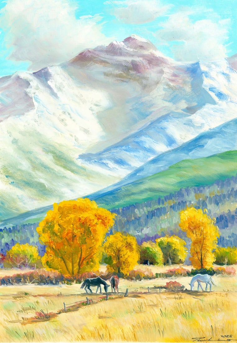 Oleksandr Pukhno (Ukraine,20/21C) oil painting: ARTIST: Oleksandr Pukhno (Ukrainian, 20/21 centuries) TITLE: Mountain Country Landscape MEDIUM: oil on heavy paper CONDITION: Very good. No visible inpaint under UV light.