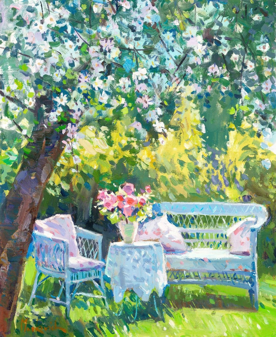 Olena Markovych (Ukraine,b 1987) oil painting: ARTIST: Olena Markovych (Ukrainian, born 1987) TITLE: Garden Landscape with Flowers MEDIUM: oil on heavy paper CONDITION: Very good. No visible inpaint under UV light.