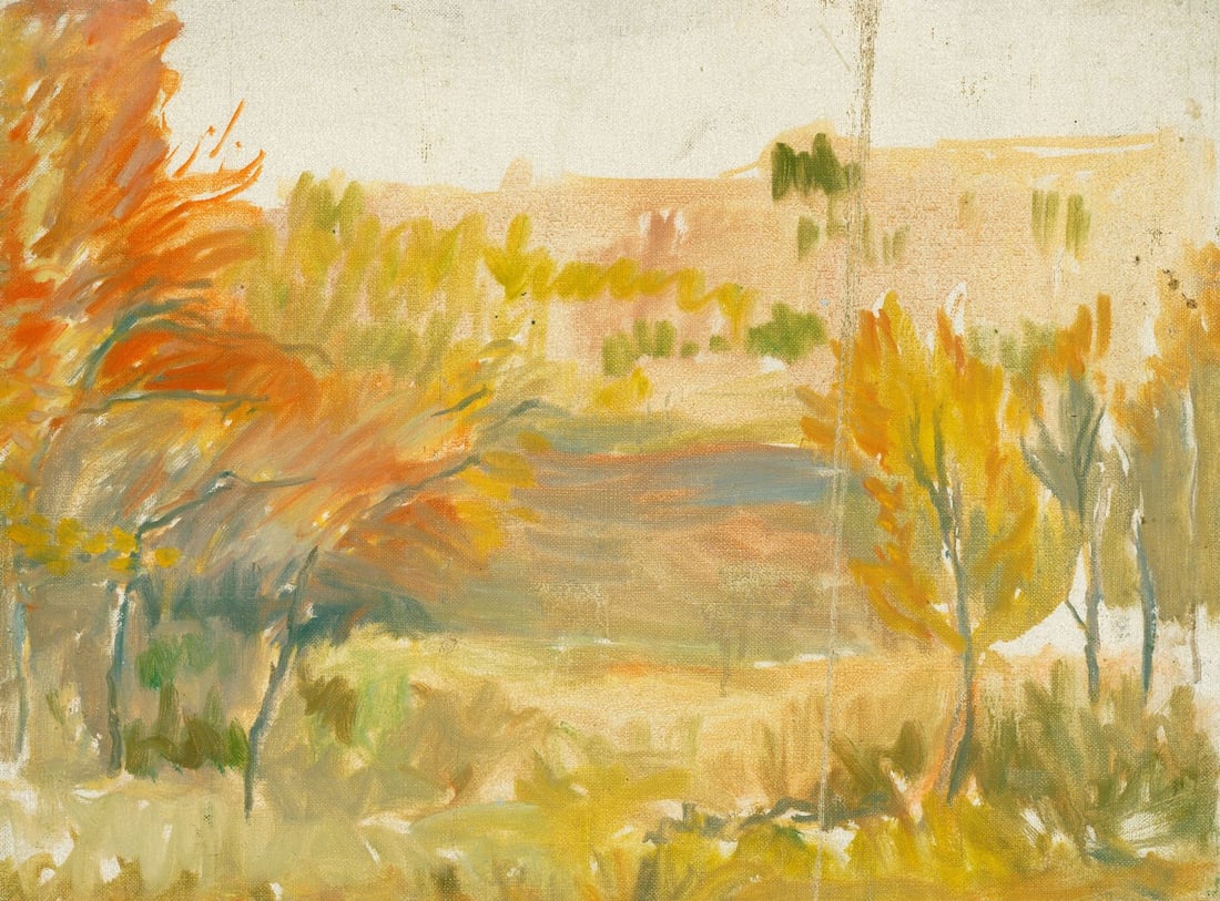 Helen DuMond (NY,CA,OR,1872-1968) oil painting: ARTIST: Helen Savier DuMond (New York, California, Oregon, 1872 - 1968) TITLE: Autumn Landscape MEDIUM: oil on canvas CONDITION: Unstretched (In-House stretching available).