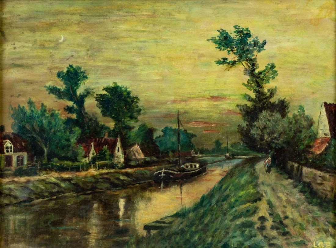 Vintage mid 20C American oil painting signed: ARTIST: - (American, mid 20 century) TITLE: Sunset Village Landscape MEDIUM: oil on canvas board CONDITION: Few very minor scratches/paint losses by the right edge. Some s