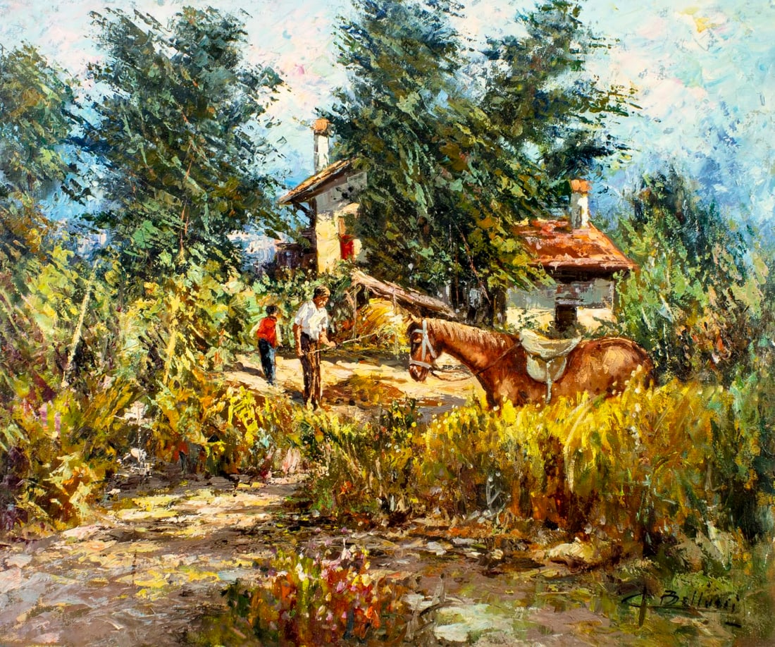 Gustavo Bellusci (Italy,1945-?) oil painting: ARTIST: Gustavo Bellusci (Italian, 1945 - ???) TITLE: Village Scene with Horse MEDIUM: oil on canvas CONDITION: Unstretched (In-House stretching available) (In-House stret