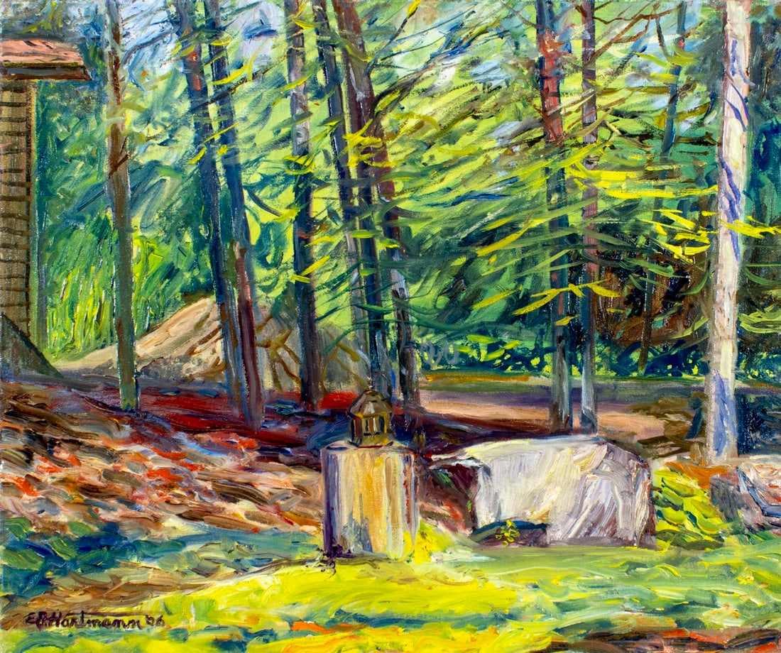 Edward Hartmann (NJ,b 1925) oil painting: ARTIST: Edward J Hartmann (New Jersey, born 1925) TITLE: Forest Landscape YEAR: 2006 MEDIUM: oil on canvas CONDITION: Very good. No visible inpaint under