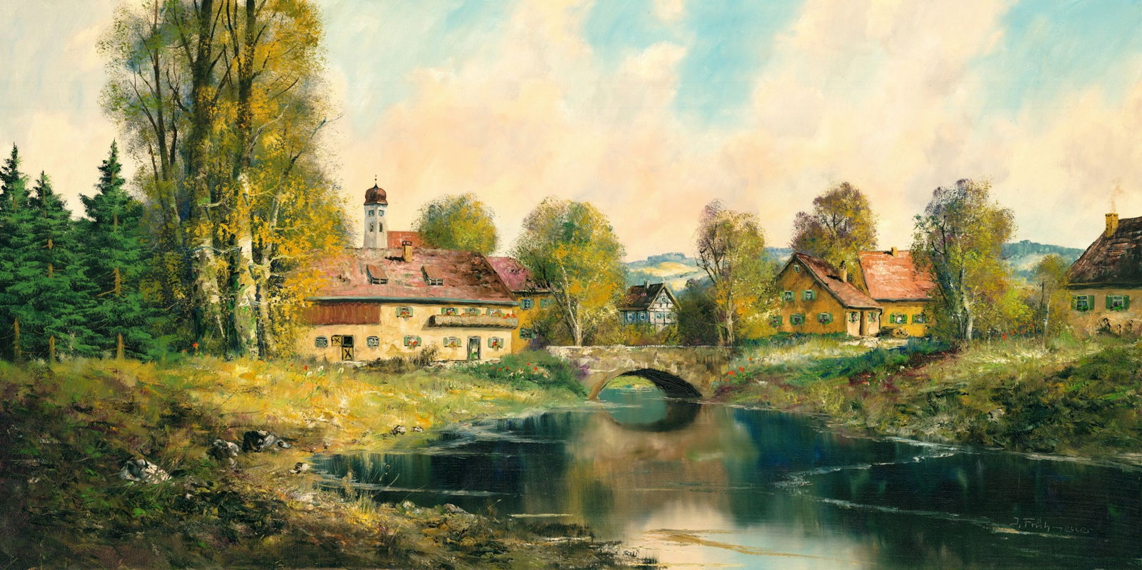 Joseph Fruhmesser (Austria,Germany,1928-1995) oil painting: ARTIST: Joseph Fruhmesser (Austrian, German, 1928 - 1995) TITLE: Village Bridge Landscape MEDIUM: oil on canvas CONDITION: Unstretched (In-House stretching available). Few