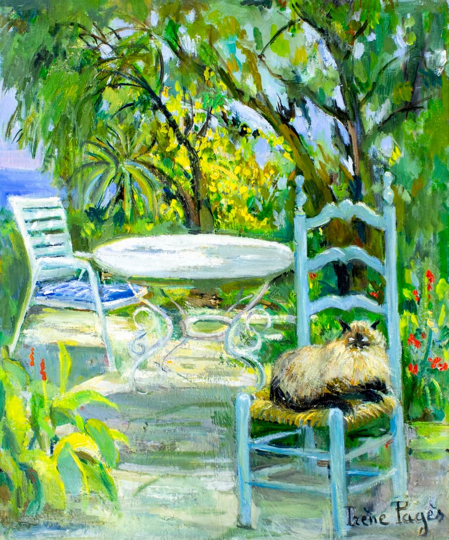 Irene Pages (France,1934-?) oil painting: ARTIST: Irene Pages (French, 1934 - ???) TITLE: Bolero dans le Jardin YEAR: 2000 MEDIUM: oil on canvas CONDITION: Missing a few flakes of paint. No visib