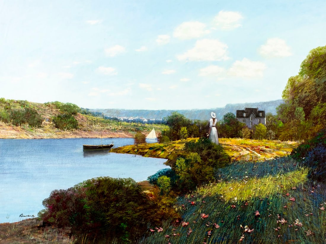 Law Kwok Leung (China,US,1954-?) oil painting: ARTIST: Law Kwok Leung (China, United States, 1954 - ???) TITLE: River Landscape with Boat MEDIUM: oil on canvas CONDITION: Unstretched (In-House stretching available) (In-H