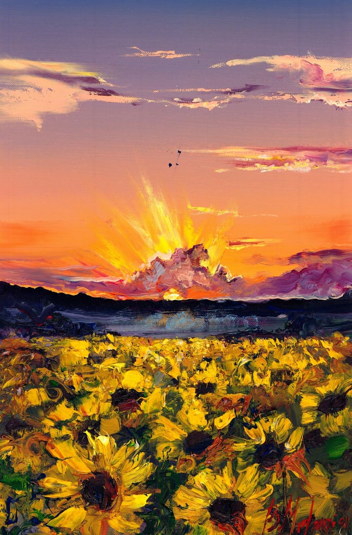 Melania Balanyuk (Ukraine,20/21C) oil painting: ARTIST: Melania Balanyuk (Ukraine, 20/21 centuries) TITLE: Sunset Flower Field Landscape MEDIUM: oil on heavy paper CONDITION: Few minor scratches/paint losses. No visible i