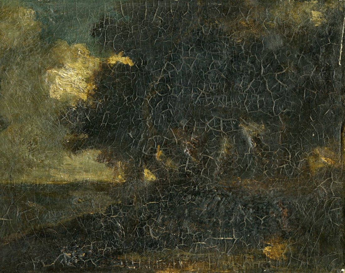Antique early 20C American oil painting: ARTIST: - (United States, early 20 century) TITLE: Sunset Landscape MEDIUM: oil on board CONDITION: Some damages to corners. Some small scratches/paint losses. Some craquelu