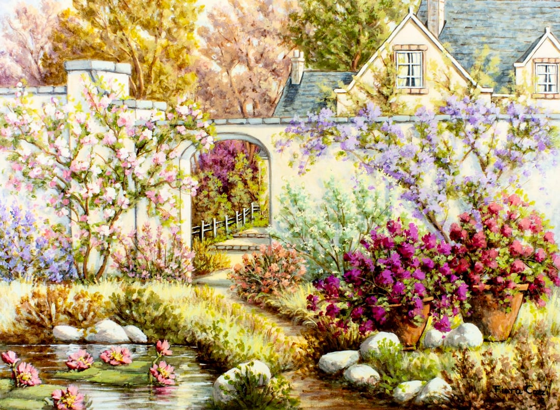 Fiora Cozzi (NY,1922-1992) oil painting: ARTIST: Fiora Cozzi (New York, 1922 - 1992) TITLE: Landscape with Cottage MEDIUM: oil on canvas CONDITION: Unstretched (In-House stretching available) (In-House stretching