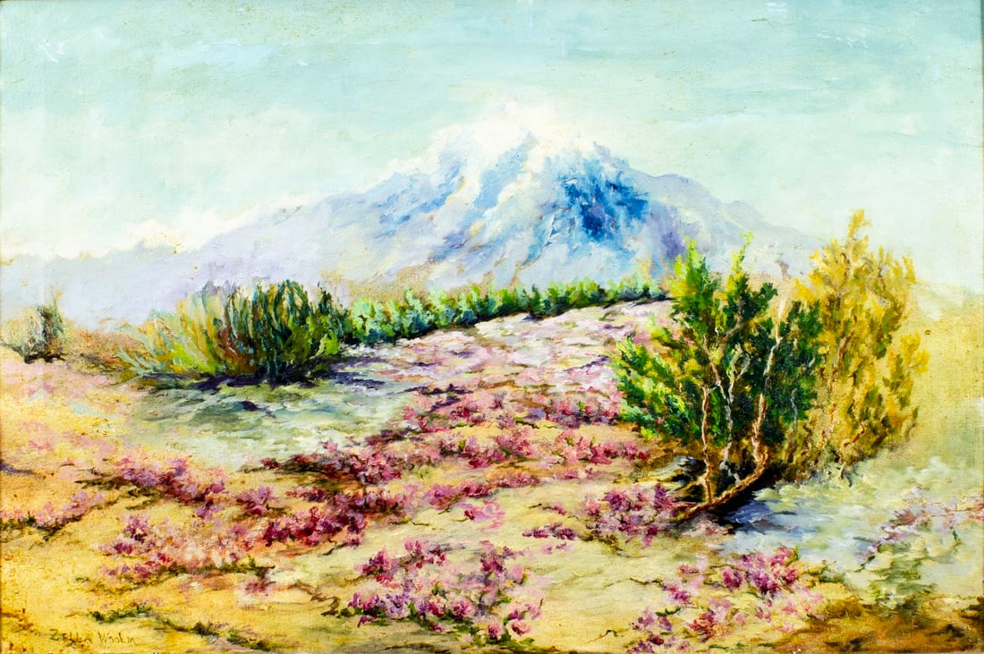 Zella G Knox Woolm (CA,IA,1876-1973) oil painting: ARTIST: Zella G Knox Woolm (California, Iowa, 1876 - 1973) TITLE: Desert Landscape MEDIUM: oil on canvas CONDITION: Some scratches/paint losses. Minor craquelure. No visib