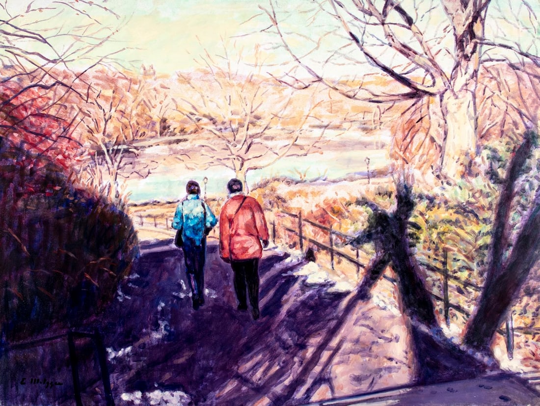 Evelyn Metzger (NY,Brazil,1911-2007) oil painting: ARTIST: Evelyn Borchard Metzger (New York, Brazilian, 1911 - 2007) TITLE: Couple Walking on Path, Central Park, NY MEDIUM: oil on board CONDITION: Normal wear to edges. No v