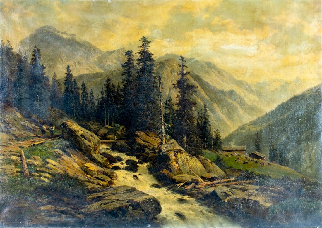 Georg Engelhardt (German,1823-1883) oil painting antique: ARTIST: Georg Engelhardt (Germany, 1823 - 1883) TITLE: Alpine River Landscape YEAR: 1877 MEDIUM: oil on canvas CONDITION: Two patches. Would benefit fr