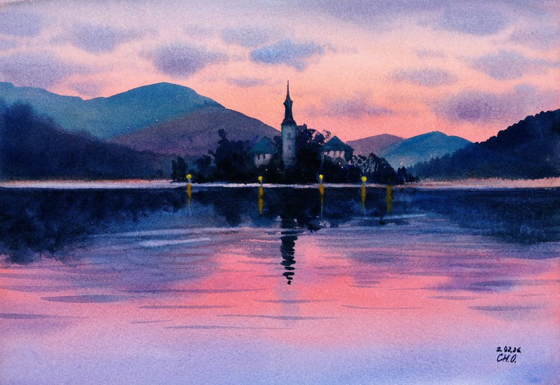 Oksana Chernachuk (Ukraine,b 1989) watercolor painting: ARTIST: Oksana Chernachuk (Ukrainian, born 1989) TITLE: Sunset Lake Landscape with Church MEDIUM: watercolor on heavy paper CONDITION: Very good. ART SIZE: