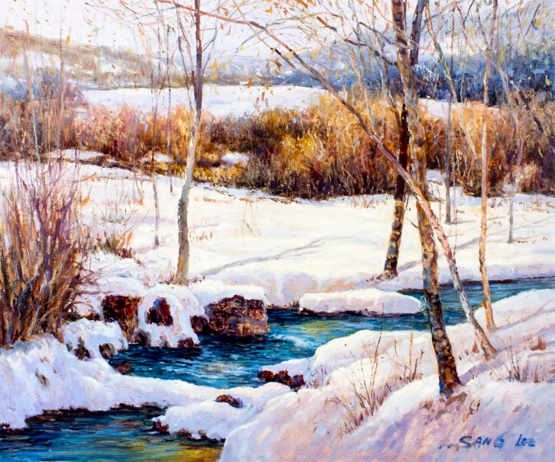 Sang M Lee (South Korea,US,1949-?) oil painting: ARTIST: Sang M Lee (South Korean, American, 1949 - ???) TITLE: Winter Stream Landscape MEDIUM: oil on canvas CONDITION: Unstretched (In-House stretching available) (In-Hou