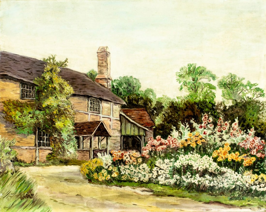 Michaels (UK,early 20C) oil painting antique: ARTIST: Michaels (United Kingdom, early 20 century) TITLE: Flower Garden Landscape with Cottage MEDIUM: oil on canvas board CONDITION: Overall good. No visible inpaint under