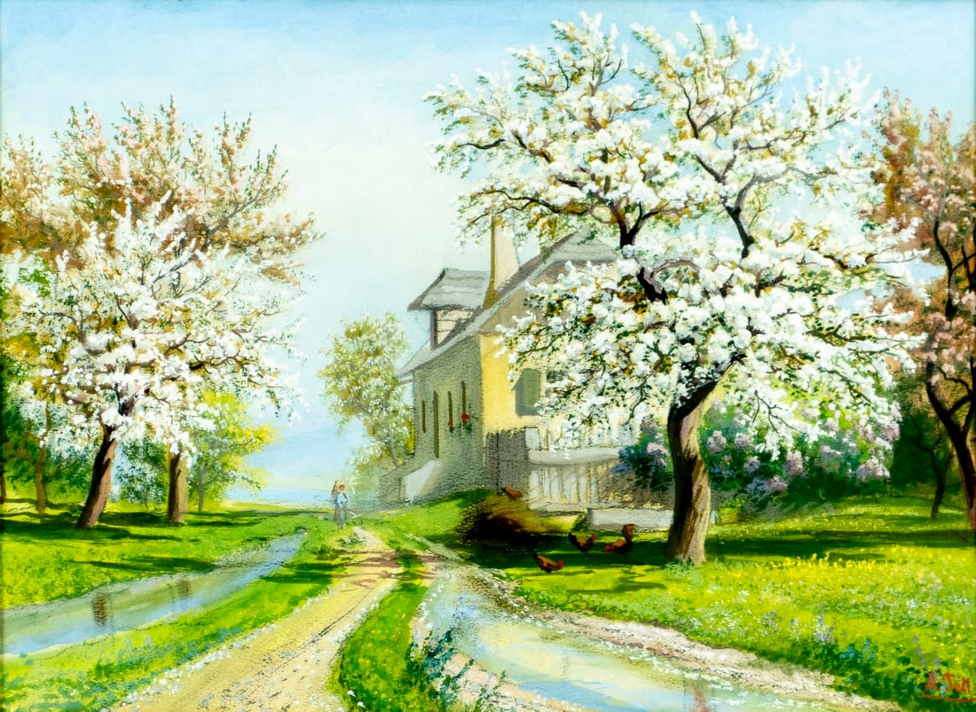 Vintage mid 20C European gouache painting signed: ARTIST: - (Europe, mid 20 century) TITLE: Countryside Landscape with Cottage MEDIUM: gouache on paper CONDITION: Minor age toning. Framed under glass. Wear to frame.