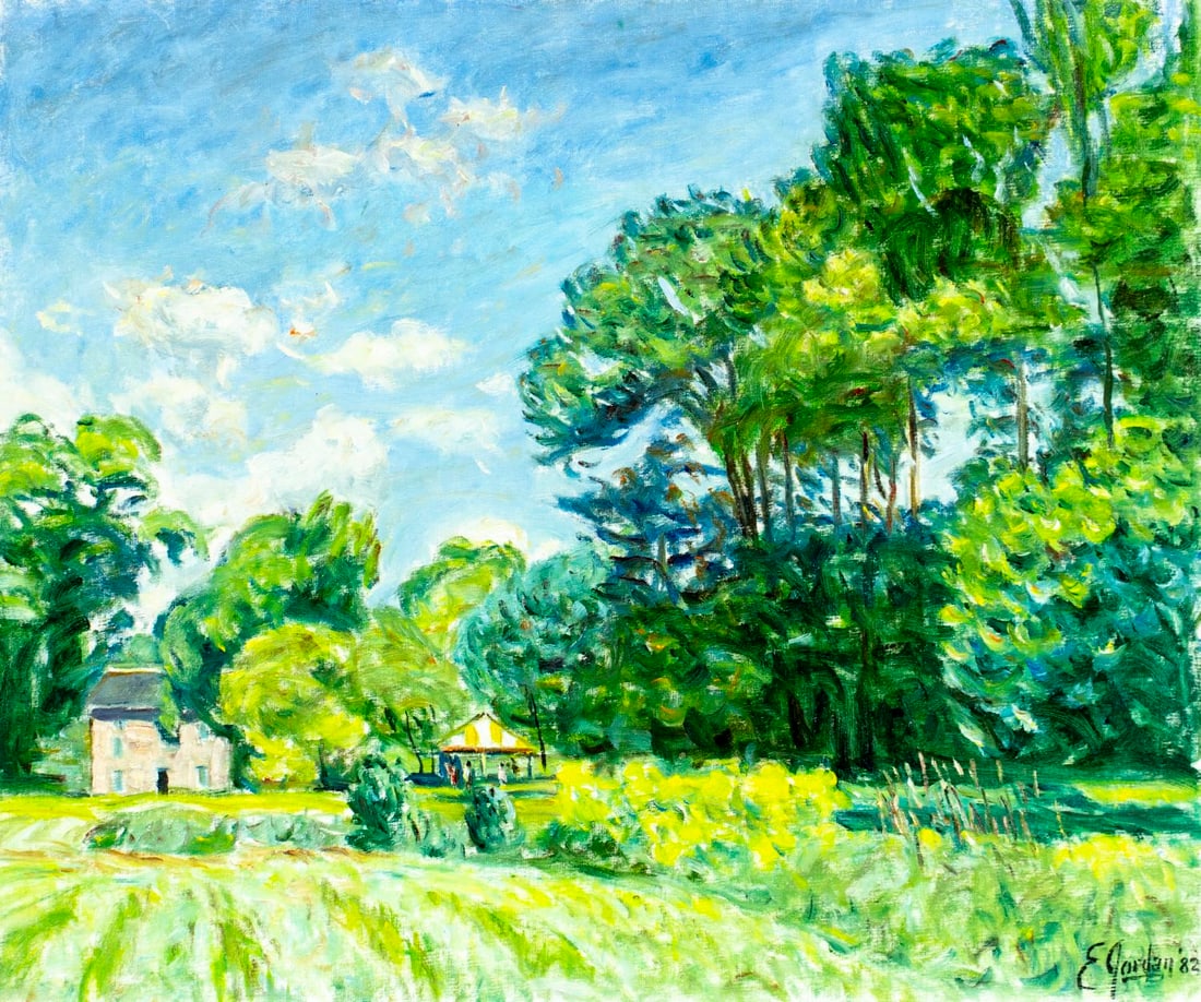 Edmund F Jordan Jr (PA,?-2017) oil painting: ARTIST: Edmund F Jordan Jr (Pennsylvania, ??? - 2017) TITLE: Landscape with Cottage YEAR: 1982 MEDIUM: oil on canvas board CONDITION: Overall good. No