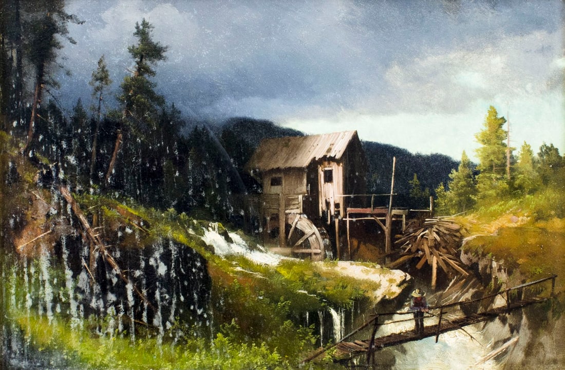Edward Albert Sanski (NH,early 20C) oil painting antique: ARTIST: Edward Albert Sanski (New Hampshire, early 20 century ) TITLE: Watermill Landscape with Fisherman MEDIUM: oil on board CONDITION: Very minor craquelure. Some white s