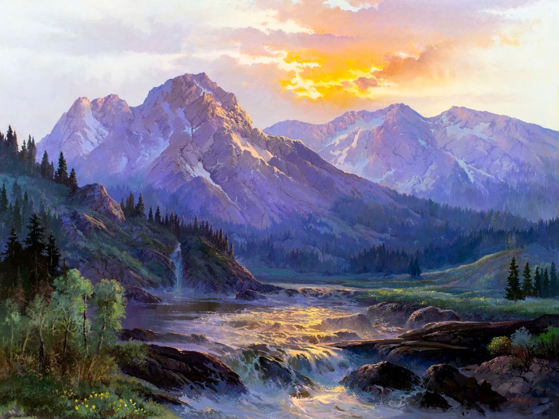 Beverly Carrick (CA,1930-?) oil painting: ARTIST: Beverly Jamison Carrick (California, 1930 - ???) TITLE: Sunset Mountain River Landscape - Paradise (titled on verso) YEAR: 1993 MEDIUM: oil on canvas CO