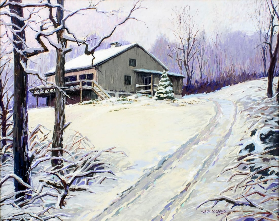 Jack Coggins (NY,PA,UK,1911-2006) pastel painting: ARTIST: Jack Banham Coggins (New York, Pennsylvania, United Kingdom, 1911 - 2006) TITLE: Landscape - Crestfield in Winter, PA (titled on verso) MEDIUM: pastel on paper CONDITION:</