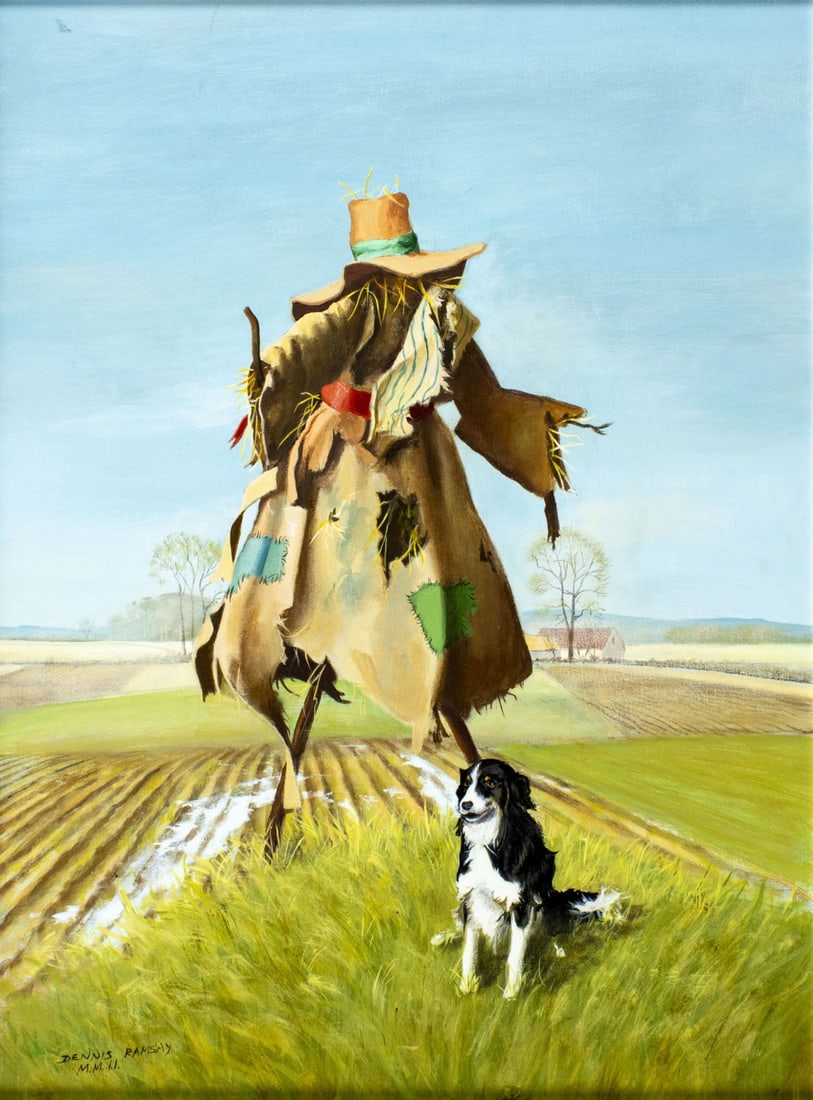 Dennis Ramsay (UK,Australia,1925-2009) oil painting: ARTIST: Francis Dennis Ramsay (United Kingdom, Australian, 1925 - 2009) TITLE: Countryside Landscape with Dog and Scarecrow MEDIUM: oil on board CONDITION: Overall good.