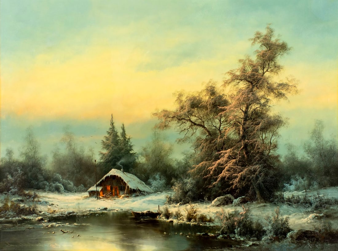Ludwig Munninger (German,1929-1997) oil painting: ARTIST: Ludwig Munninger (Germany, 1929 - 1997) TITLE: Sunset Winter Landscape with Hut MEDIUM: oil on canvas CONDITION: Few minor scratches/paint losses. No visible inp