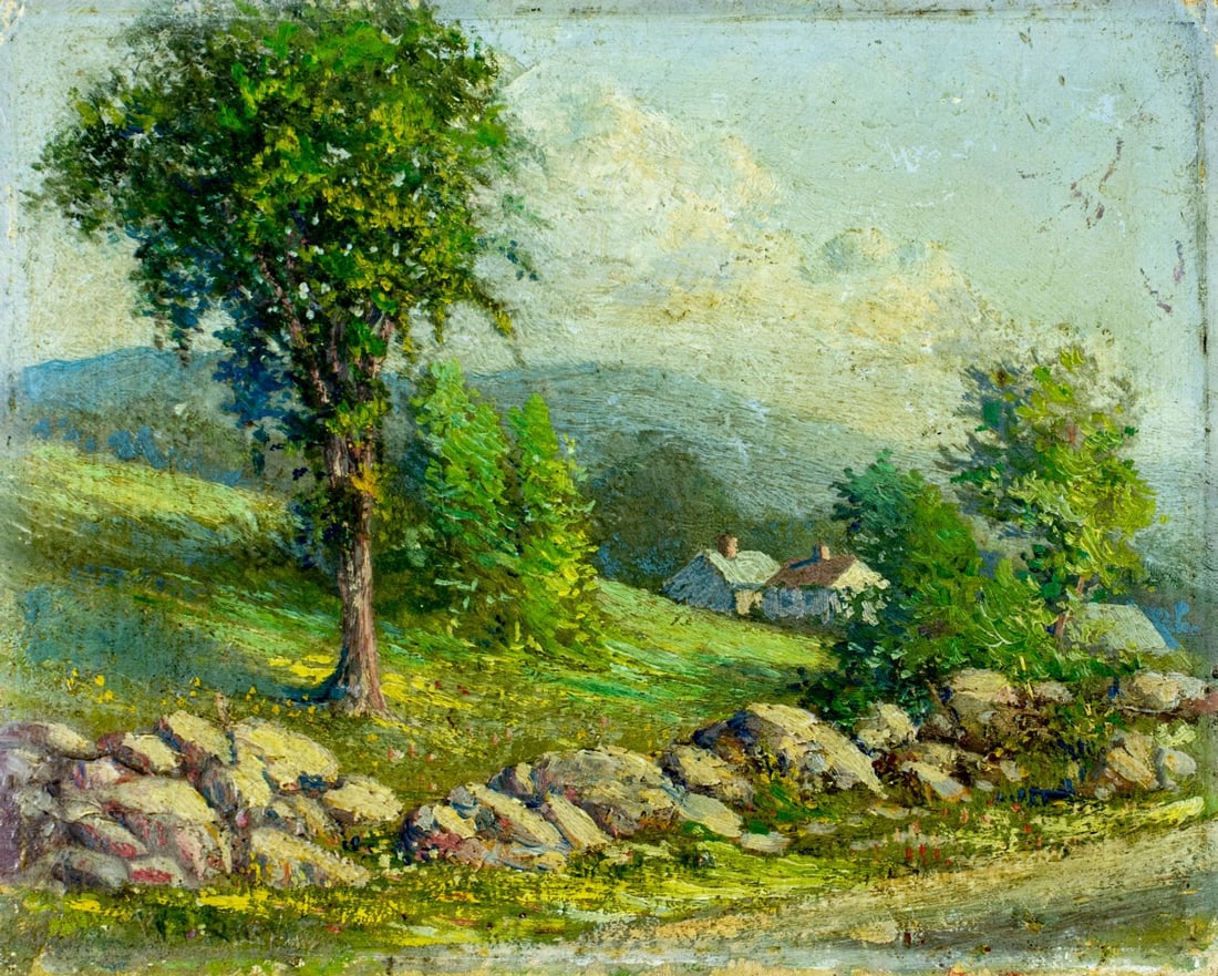 Vintage mid 20C American oil painting signed: ARTIST: - (American, mid 20 century) TITLE: Countryside Landscape YEAR: 1921 MEDIUM: oil on canvas board CONDITION: Minor damages to upper corners. Som