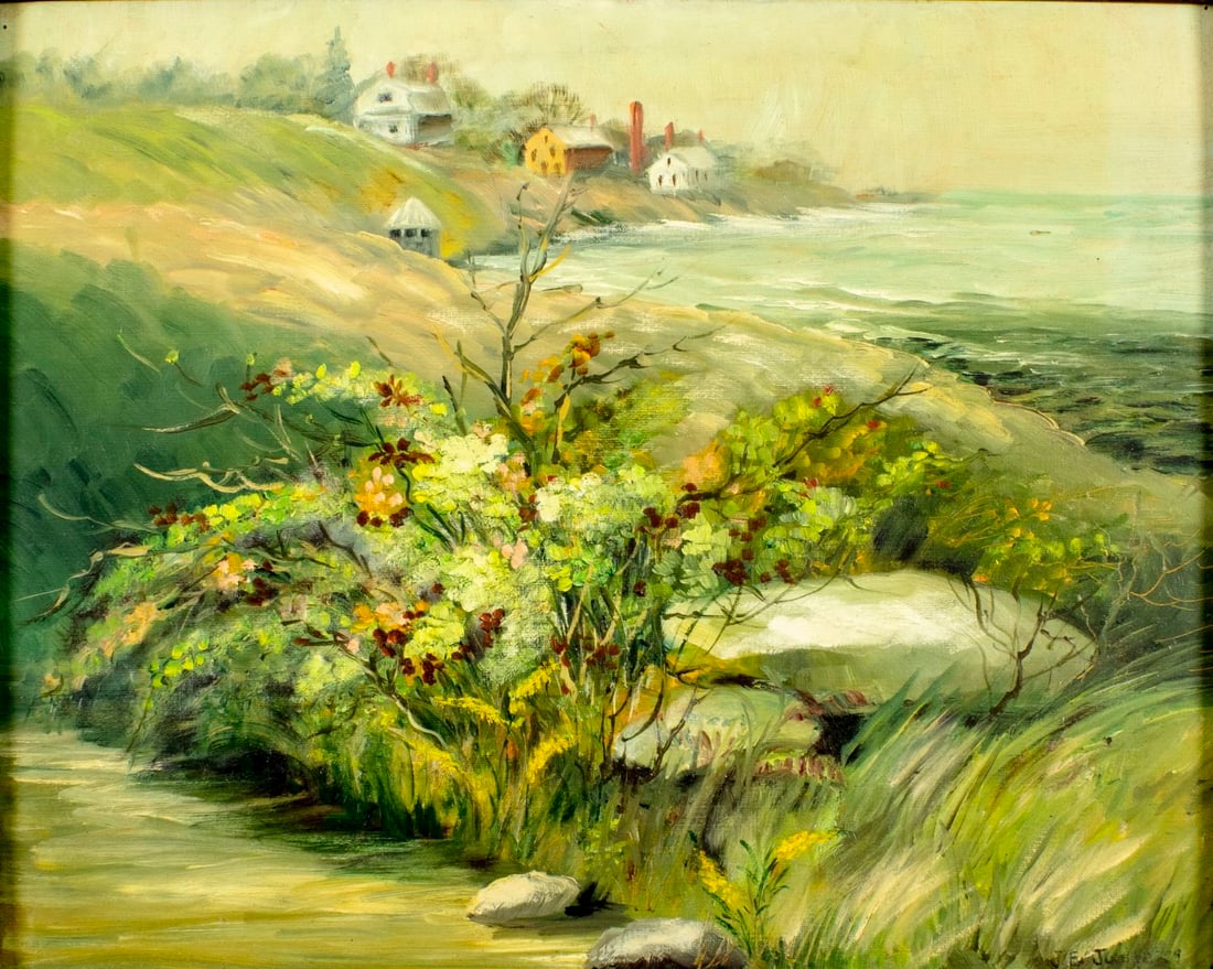 J E Judge (MA,20C) oil painting: ARTIST: J E Judge (Massachusetts, 20 century) TITLE: Coastal Landscape with Cottages YEAR: 1979 MEDIUM: oil on board CONDITION: Few nail holes along edge