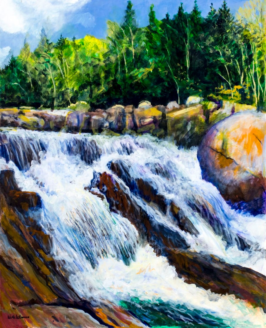 William J Adelman Jr (NY,MA,1928-2014) oil painting: ARTIST: William J Adelman Jr (New York, Massachussets, 1928 - 2014) TITLE: Waterfall Landscape MEDIUM: oil on canvas CONDITION: Missing a few flakes of paint by the left e