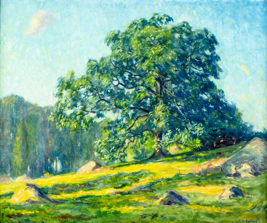 Ernest Harrison Barnes (MI,1873-1955) oil painting: ARTIST: Ernest Harrison Barnes (Michigan, 1873 - 1955) TITLE: Landscape MEDIUM: oil on canvas CONDITION: Very good. No visible inpaint under UV light. Wear to frame.