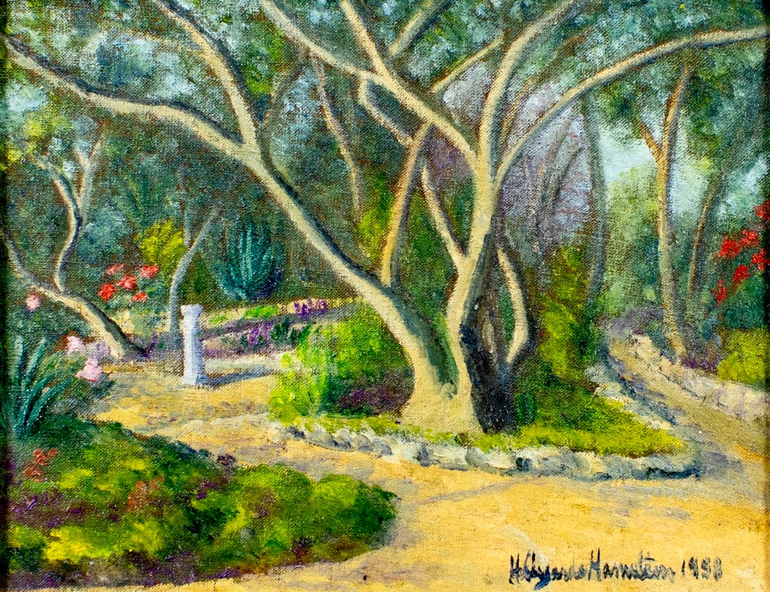 Hildegarde Hamilton (FL,VA,1898-1970) oil painting: ARTIST: Hildegarde Hume Hamilton (Florida, Virginia, 1898 - 1970) TITLE: Park Landscape YEAR: 1958 MEDIUM: oil on canvas CONDITION: Overall good. No vi
