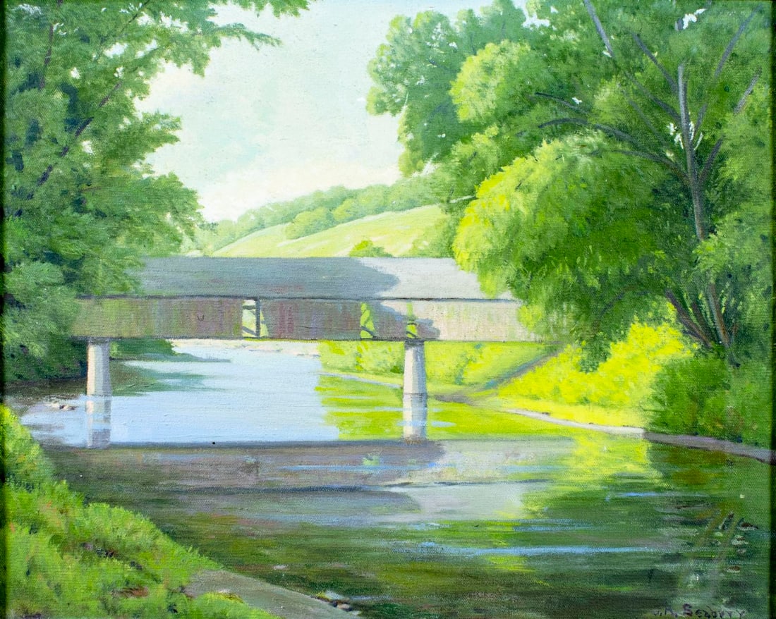 J H Seabury (VT,mid 20C) oil painting: ARTIST: J H Seabury (Vermont, mid 20 century) TITLE: Covered Bridge Landscape, VT (titled on label) MEDIUM: oil on canvas CONDITION: Few minor paint losses. No visible inpai
