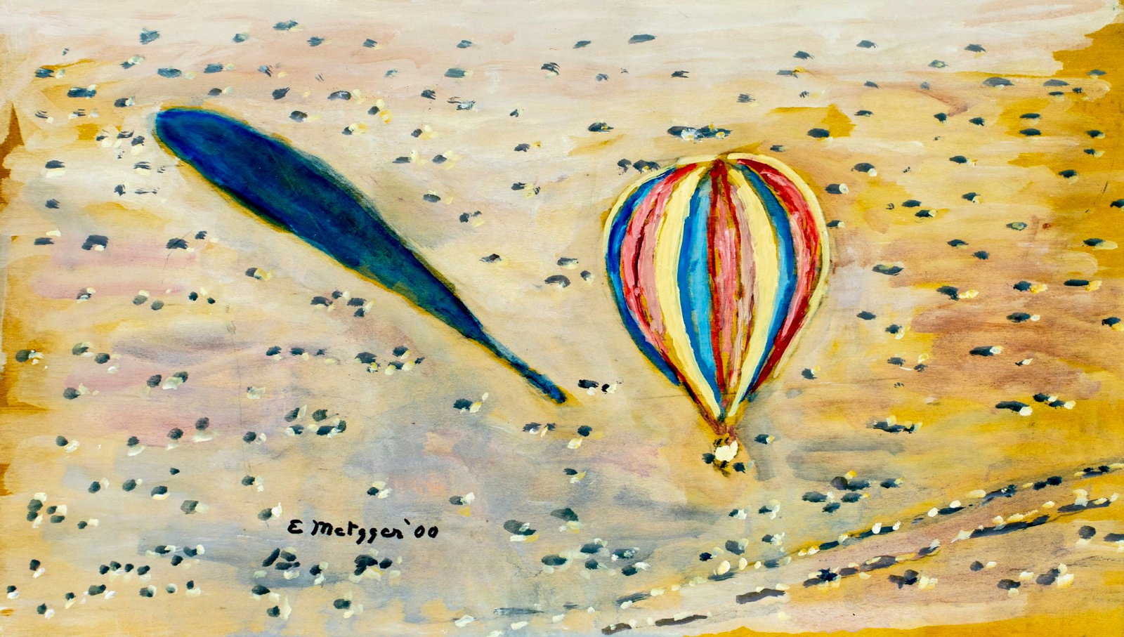 Evelyn Metzger (NY,Brazil,1911-2007) oil painting: ARTIST: Evelyn Borchard Metzger (New York, Brazilian, 1911 - 2007) TITLE: Hot Air Balloon, Masai Mara, Kenya (titled on verso) YEAR: 2000 MEDIUM: oil on board CON