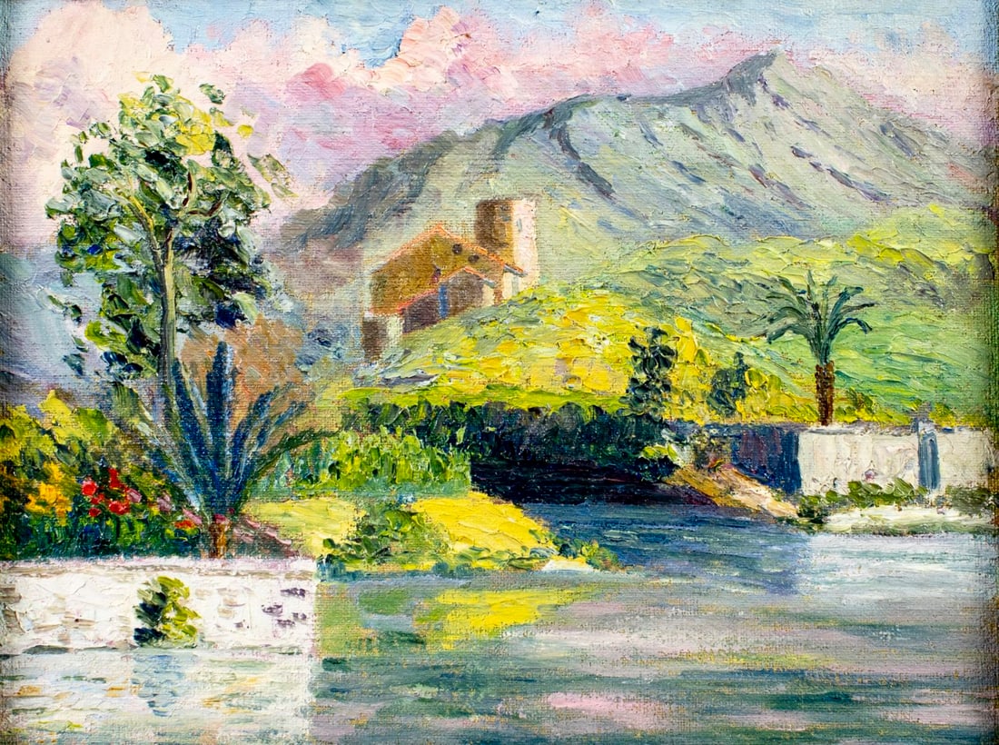 Hildegarde Hamilton (FL,VA,1898-1970) oil painting: ARTIST: Hildegarde Hume Hamilton (Florida, Virginia, 1898 - 1970) TITLE: Mountain Landscape with Mansion MEDIUM: oil on canvas CONDITION: Missing a few flakes of paint. So
