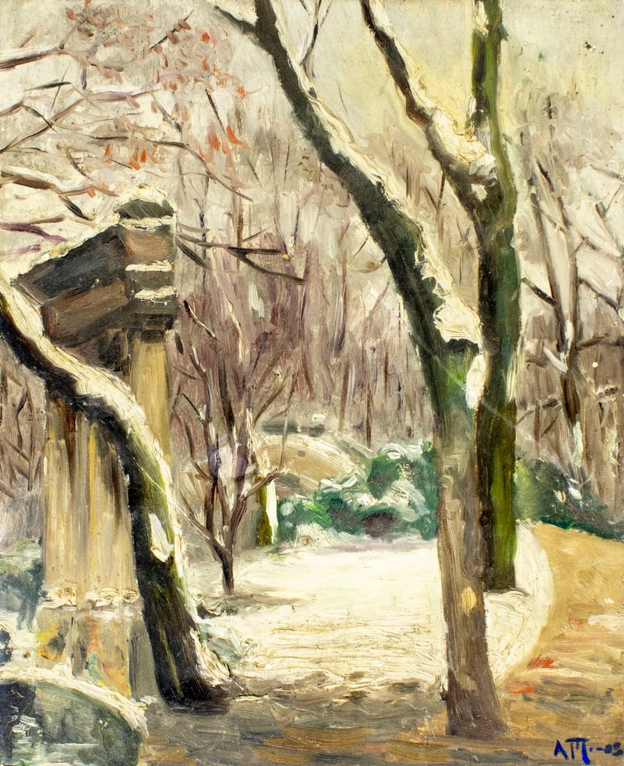 A Madame Vernon (France,early 20C) oil painting antique: ARTIST: A Madame Vernon (French, early 20 century) TITLE: Winter Landscape YEAR: 1905 MEDIUM: oil on board CONDITION: Minor damages to edges and corners.