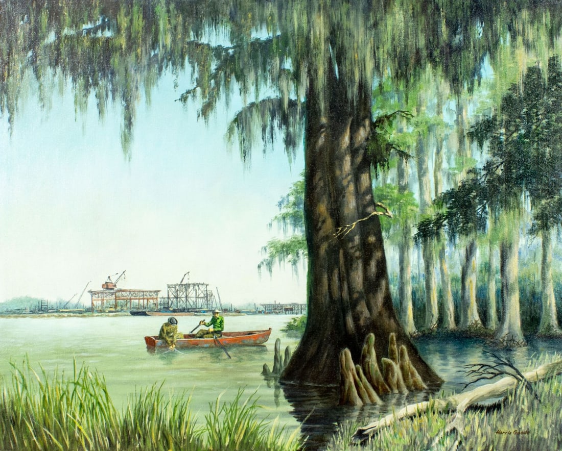 Harris Goode (FL,20C) oil painting: ARTIST: Harris Goode (Florida, 20 century) TITLE: Crystal Lake Landscape, FL MEDIUM: oil on canvas CONDITION: Few repaired punctures with corresponding inpaintings. Few mino